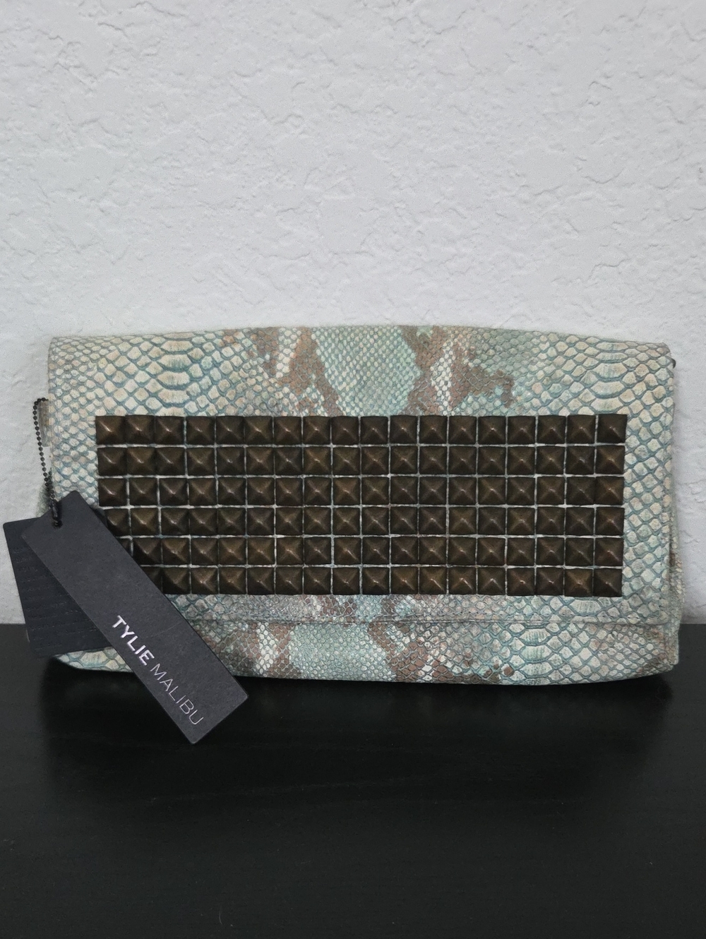 Tylie Malibu Mint Snake-Print Studded Foldover Clutch
